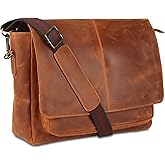 Handmade Full Grain Buffalo Leather Messenger Bag 16 Inch | Laptop Satchel Briefcase for Men & Women | Vintage Office Computer Bag with Adjustable Strap (Fits 15.6” Laptop)