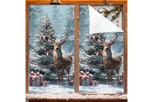 Window Film 39×17 Inch Deer with Christmas Tree Wall Decals Snowy Forest Gift Boxes Red Ribbon Holiday Scene Winter Wildlife 