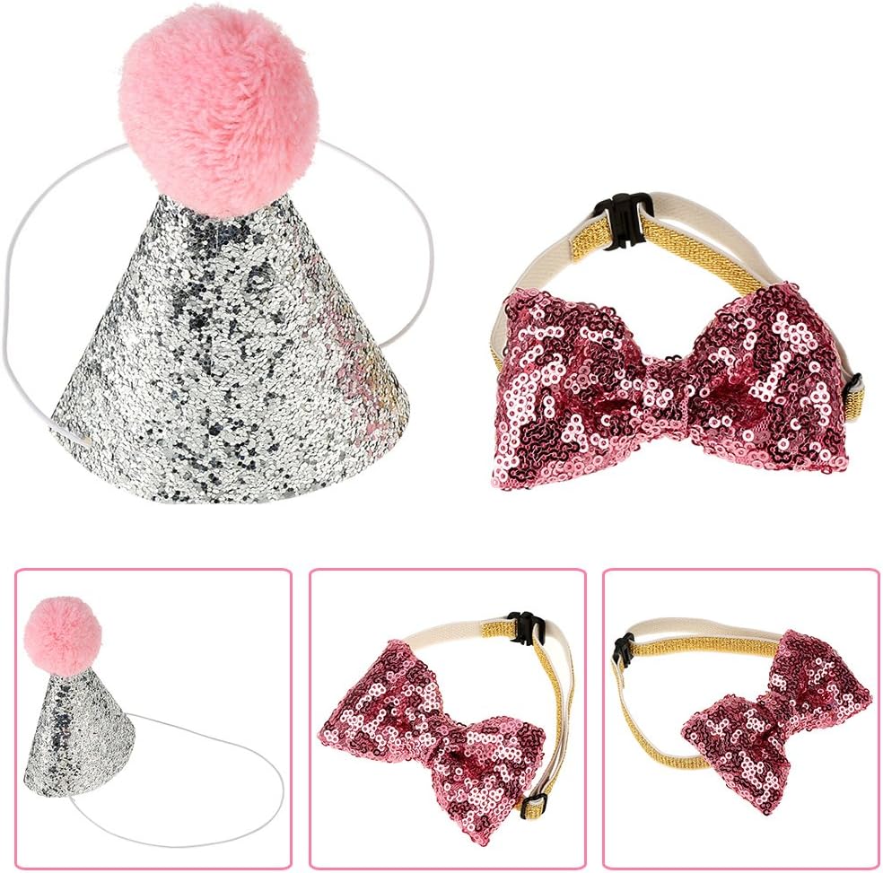 Wifehelper Lovely Dog Birthday Party Cone Hat and Bow Tie Collar Sequin Set, Mini Cute Pet Cat Dog Birthday Party Decoration Bowknot Costume Headwear(Pink) - Image 4
