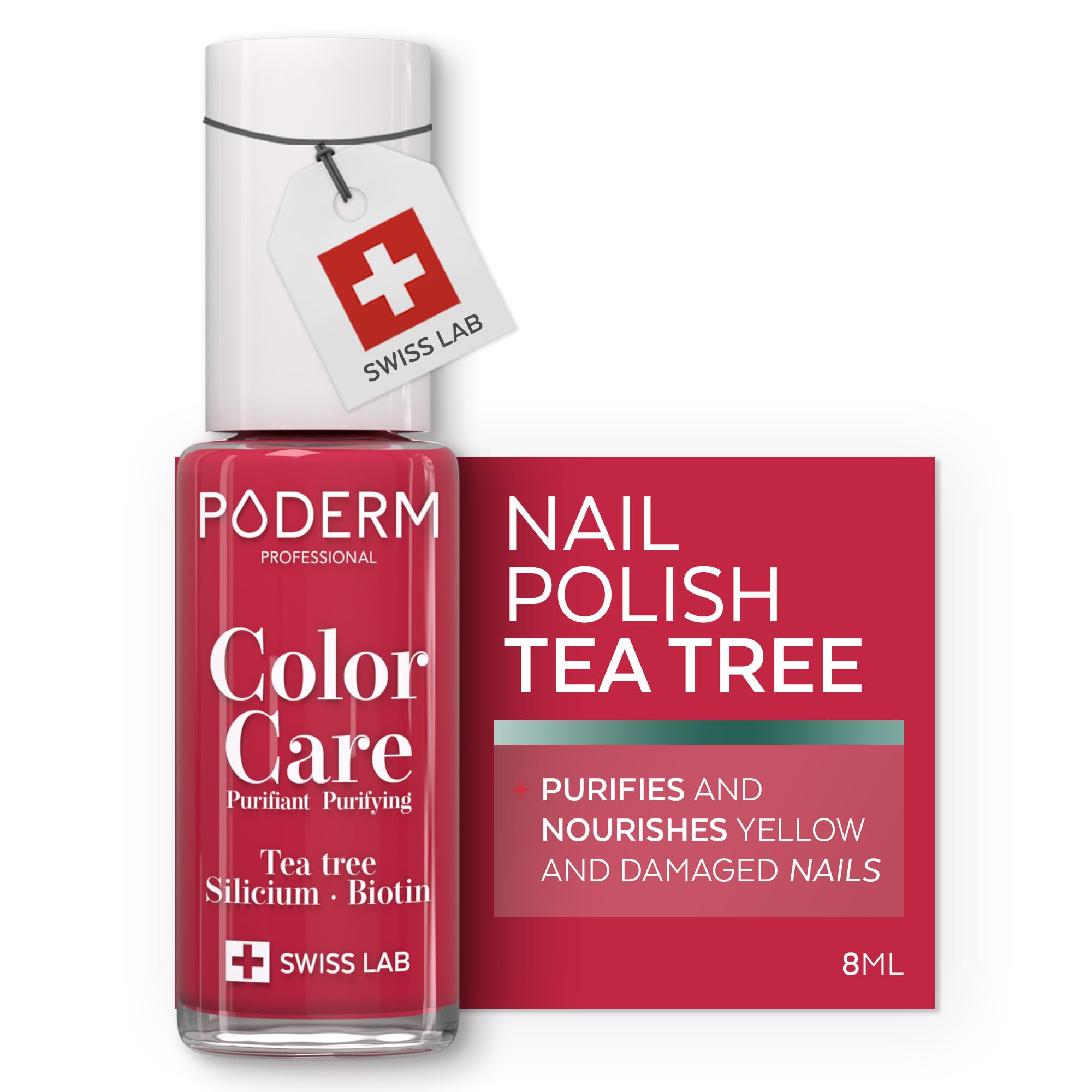 PODERM Swiss-Made Antifungal Nail Polish – Red Rose | Breathable Treatment with Tea Tree, Silicon & Biotin | Strengthens, Repairs & Conceals Yellow, Brittle & Damaged Nails | Podiatrist-Developed