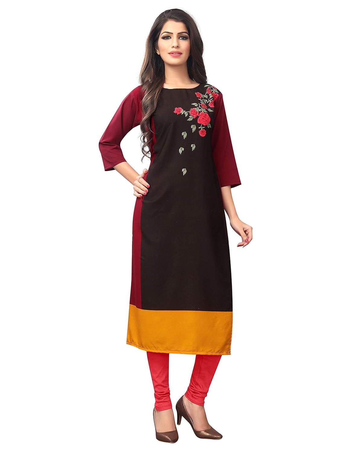 1 stop fashion women's brown-yellow coloured crep knee long w style kurtas/kurti