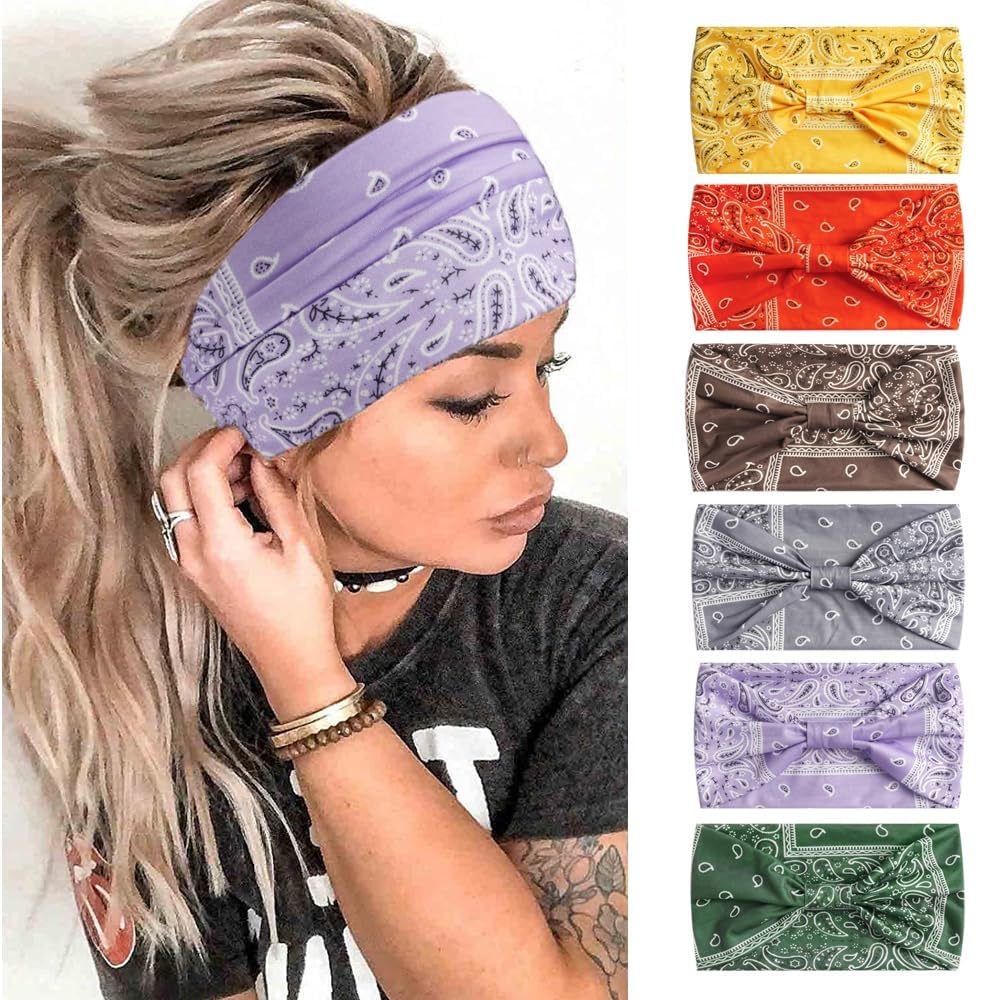 6PCS Headbands for Women Wide Boho Head Scarfs Non Slip Bandanas Hairbands Elastic Hair Accessories Knotted Turbans Head Wrap Adult (6Cashew) — image 1