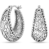 LeCalla 925 Sterling Silver Filigree Hoop Earrings for Women | Antique Oxidized Click-Top Hoop Earring Jewelry | Women's Small Chunky Filigree Earring