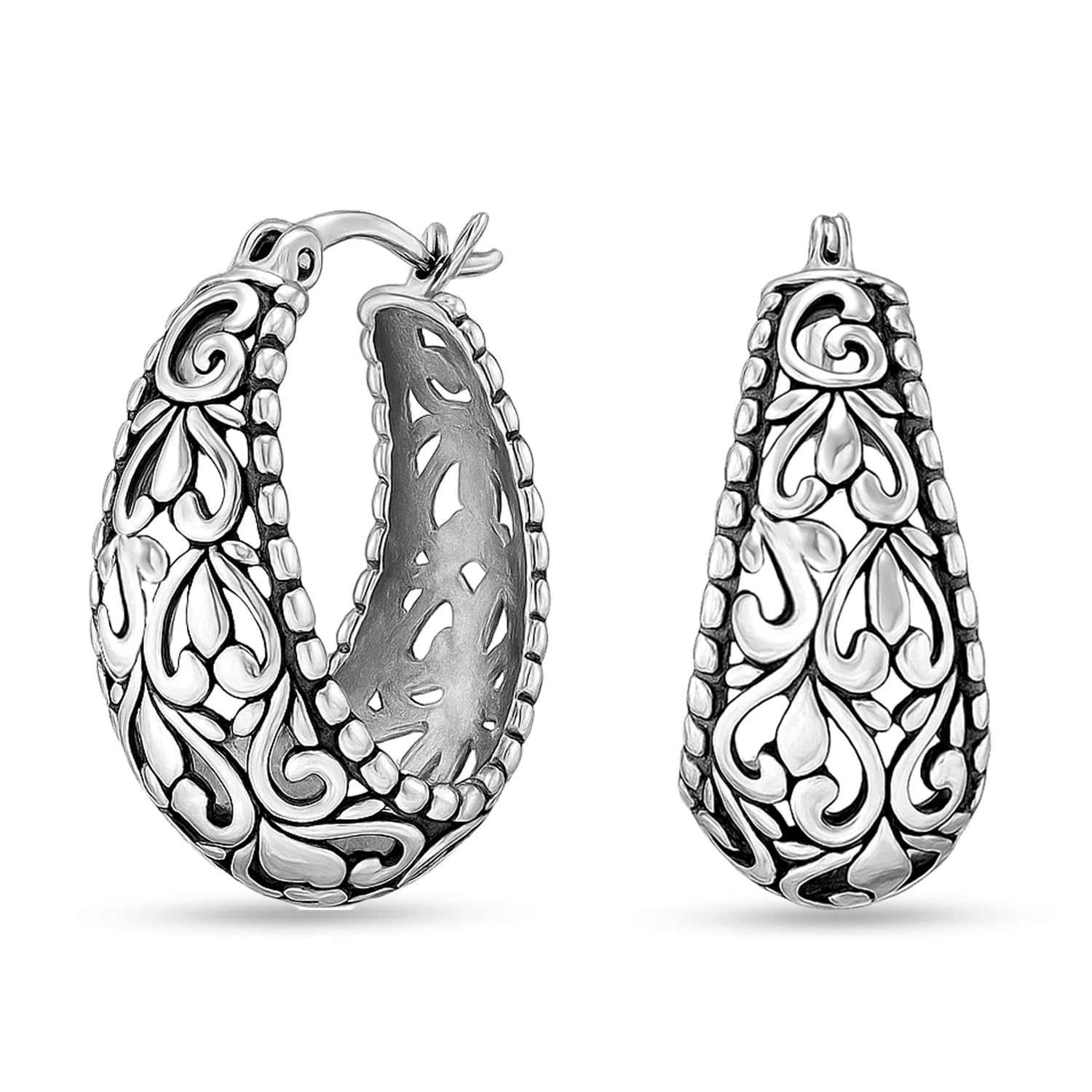 LeCalla Sterling Silver Earrings Filigree Hoops | Lightweight Italian 925 Silver Hoop Earrings Small Oval Antique Oxidized Filigree Design Earring Hoops for Women 25mm — image 1