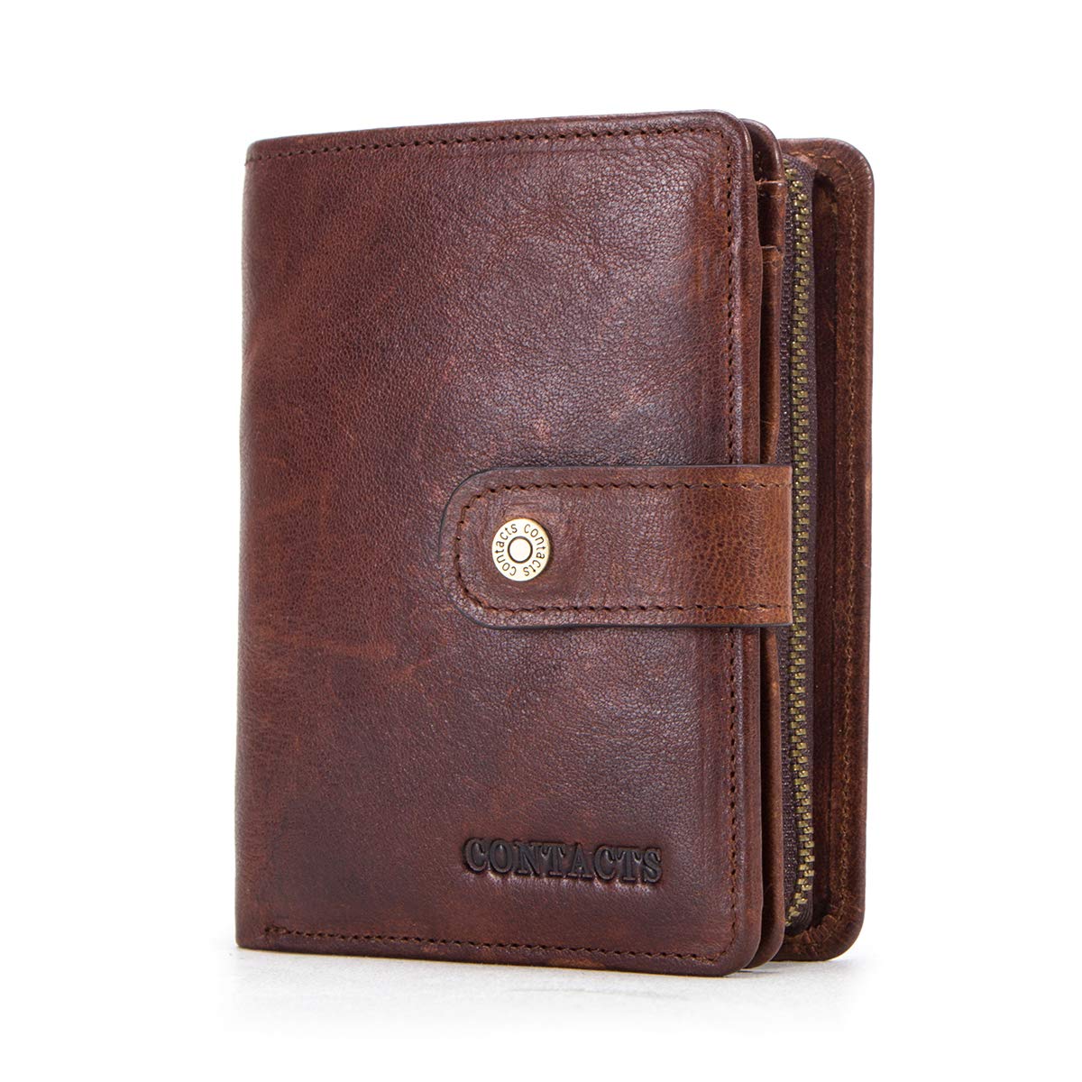 CONTACTS Mens RFID Blocking Full Grain Leather Zipper Coin Pocket Purse Bifold Wallet (Dark Brown)