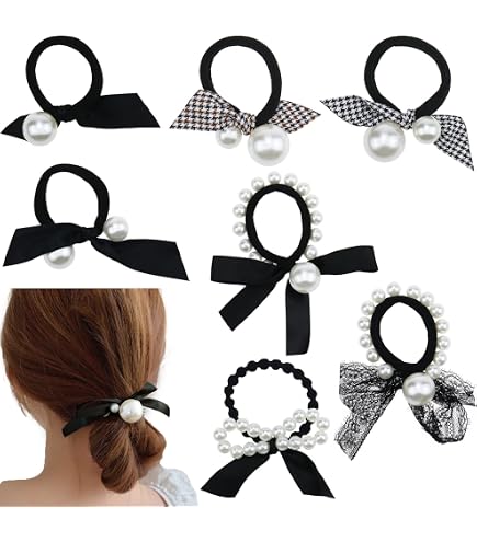 Fashion Hair Scrunchie with Bow.  It Has Pearls On The Inside. Amazon.com : Fashey Pearl Hair Ties Fancy Ponytail Holders  main image 4