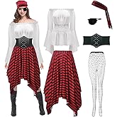 SHOHOKU 6Pcs Womens Pirate Costume Cosplay Renaissance Blouse Tops Corset Waist Belt Pirate Skirt Cosplay Outfit