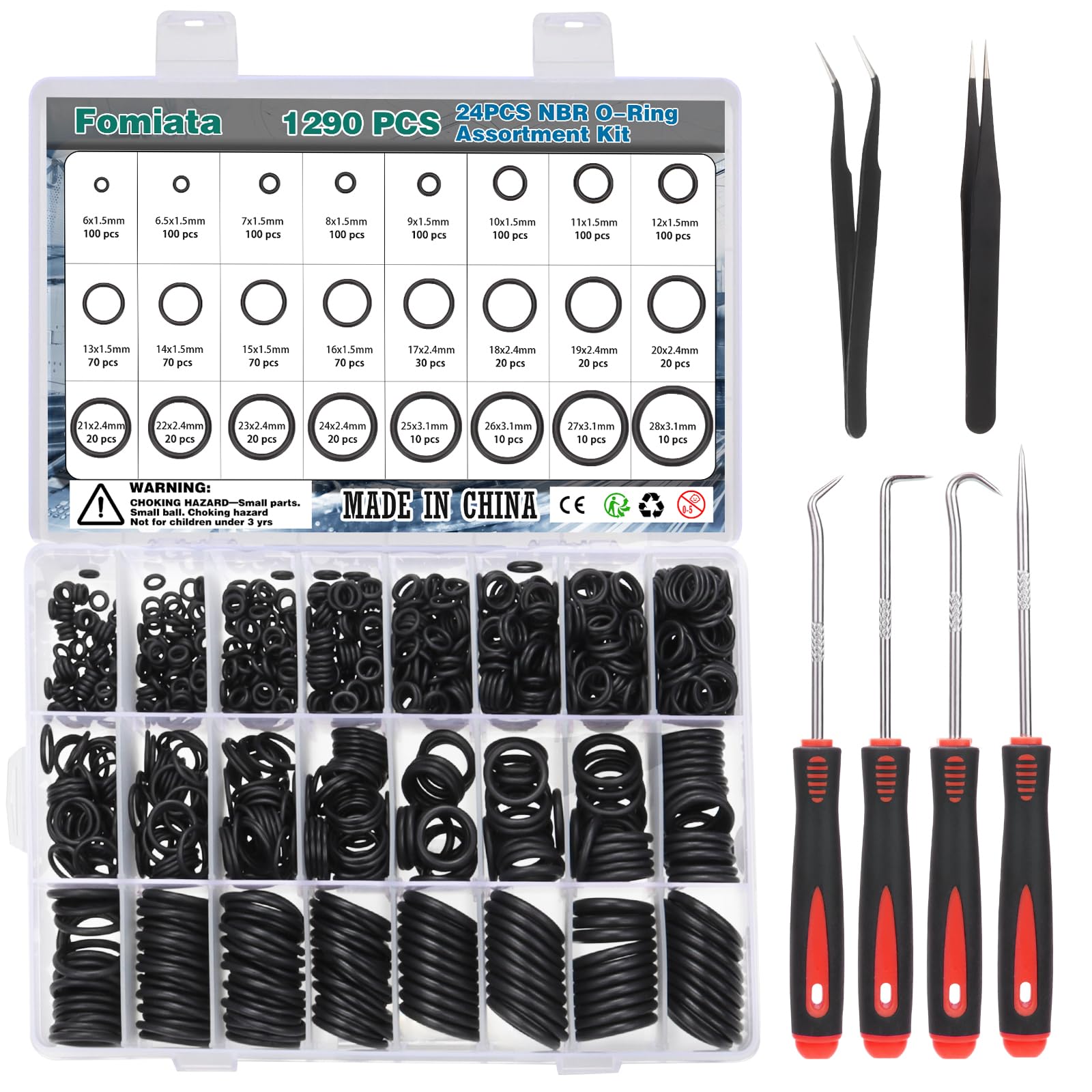 Fomiata 24 Size 1290 Pcs O Rings Assortment Kit, Metric Oring Kit - Universal Size from Ø6mm to Ø28mm Made of Nitrile Rubber Ideal for Shower Plumbers Hydraulic etc. (1290)