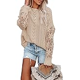Dokotoo Womens Crewneck Crochet Lace Long Sleeve Hollow Out Cable Knit Sweaters Pullover Tops