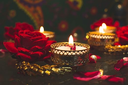 DEVU PARBAT Tea Light Candle Holder and Diwali Decoration Items Traditional Designer Golden Diya with Red Big Rose Flower for Home décor Set of 8