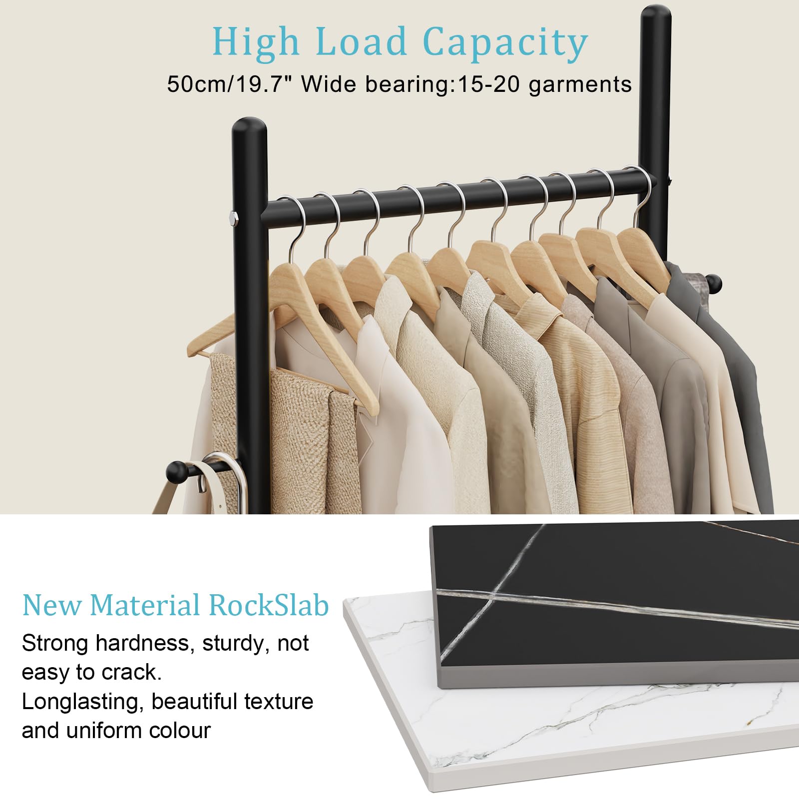 OUTBROS Kleiderständer mit Rock Slab Base, Stehende Kleiderstange aufbewahrung für den Innenbereich-Garderobenständer mit 2 Haken-50cm Breiter, Strapazierfähiger Coat Rack aus Metall (Schwarz) 7