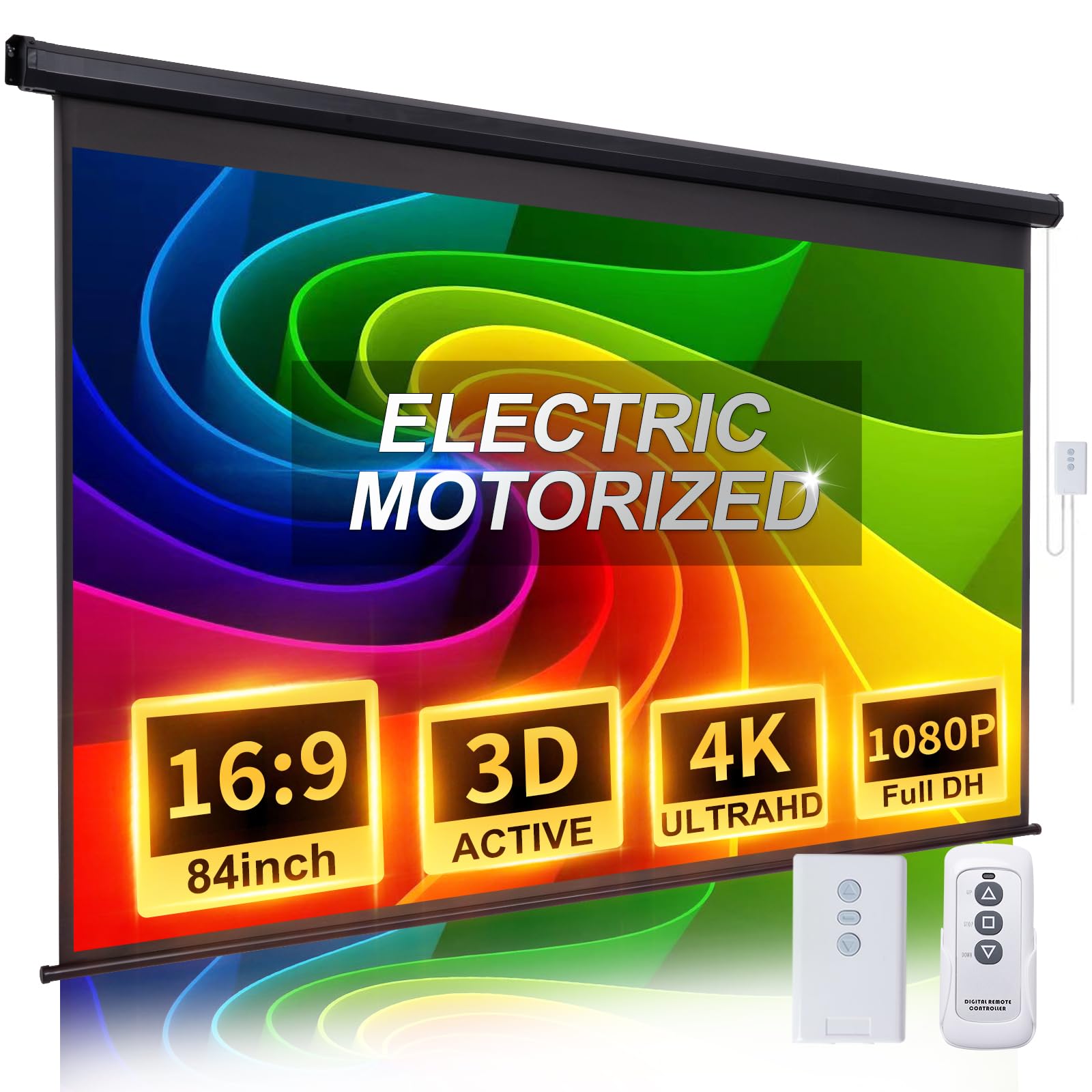 Photo 1 of **MISSING POWER CORD***Projector Screen Motorized 84 Inch 16:9 HD Electric Projector Screen Pull Down with Remote, Automatic Projector Screens Wall Ceiling Mount Movie Screens for Projectors Outdoor Indoor, Black
