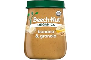 Beech-Nut Organic Baby Food Jars, Organic Banana & Granola Puree, Stage 2 Baby Food for Babies 6 Months and Up, Non-GMO, 4oz Glass Jars, 10ct
