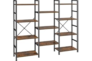SUPERJARE Triple 4 Tier Bookshelf, Bookcase with 11 Open Display Shelves, Wide Book Shelf Book Case for Home & Office, Rustic Brown