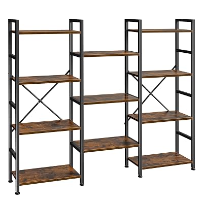 SUPERJARE Triple Bookshelf, Bookcase with 11 Open Display Shelves, Wide Book Shelf Book Case for Home & Office, 4 Tier, Rustic Brown