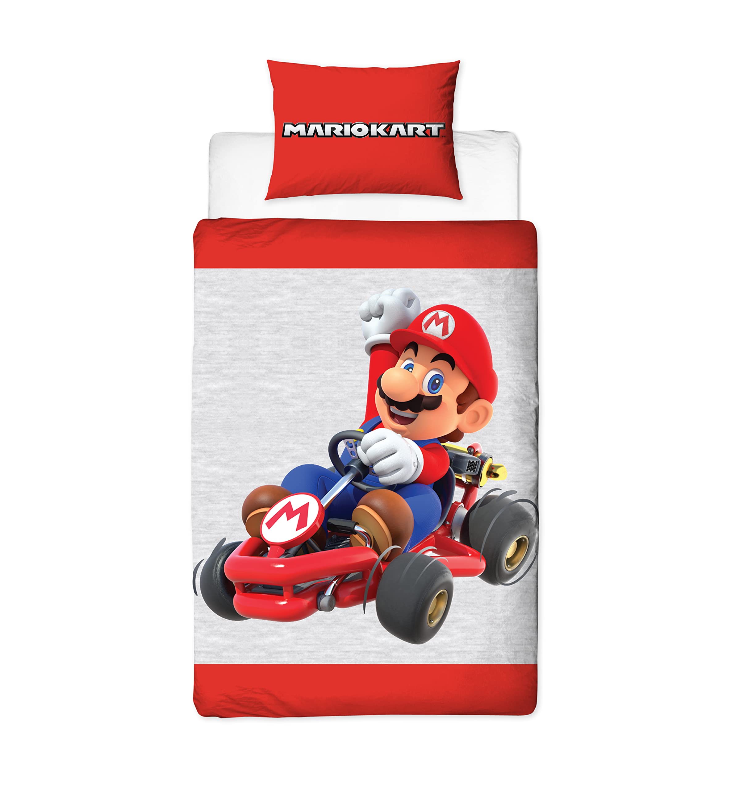Character World Nintendo Mario Kart Official Single Duvet Cover Set |Reversible 2 Sided Bedding Including Matching Pillow Case Brands Kids Single Bed Set | Red and Grey Close Up Range