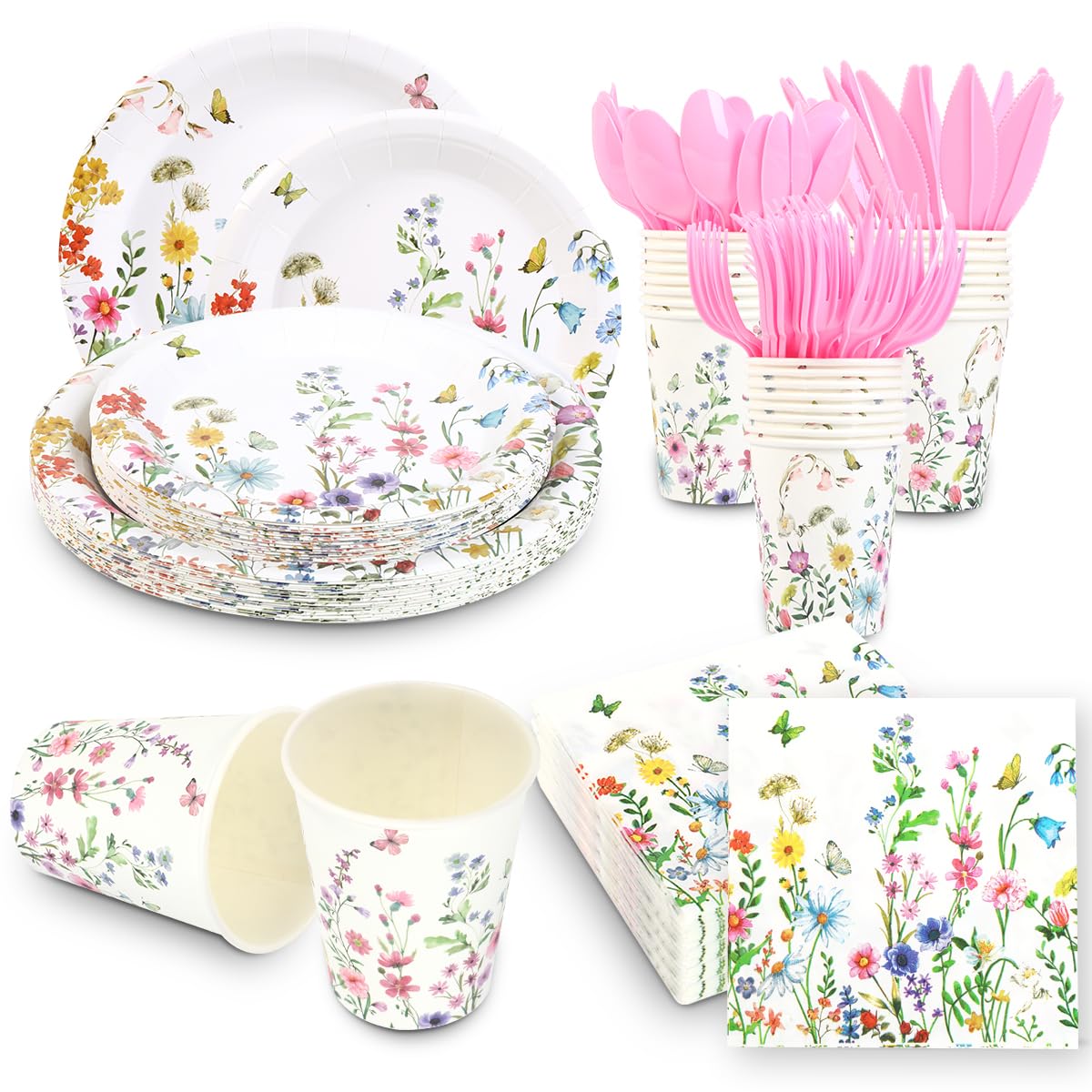 Photo 1 of 168 Pcs Wildflower Party Decorations Spring Floral Baby Shower Birthday Decorations Include Plates,Cups,Napkins,Cutlery for Wildflower Baby Shower Tea Decorations Serve 24