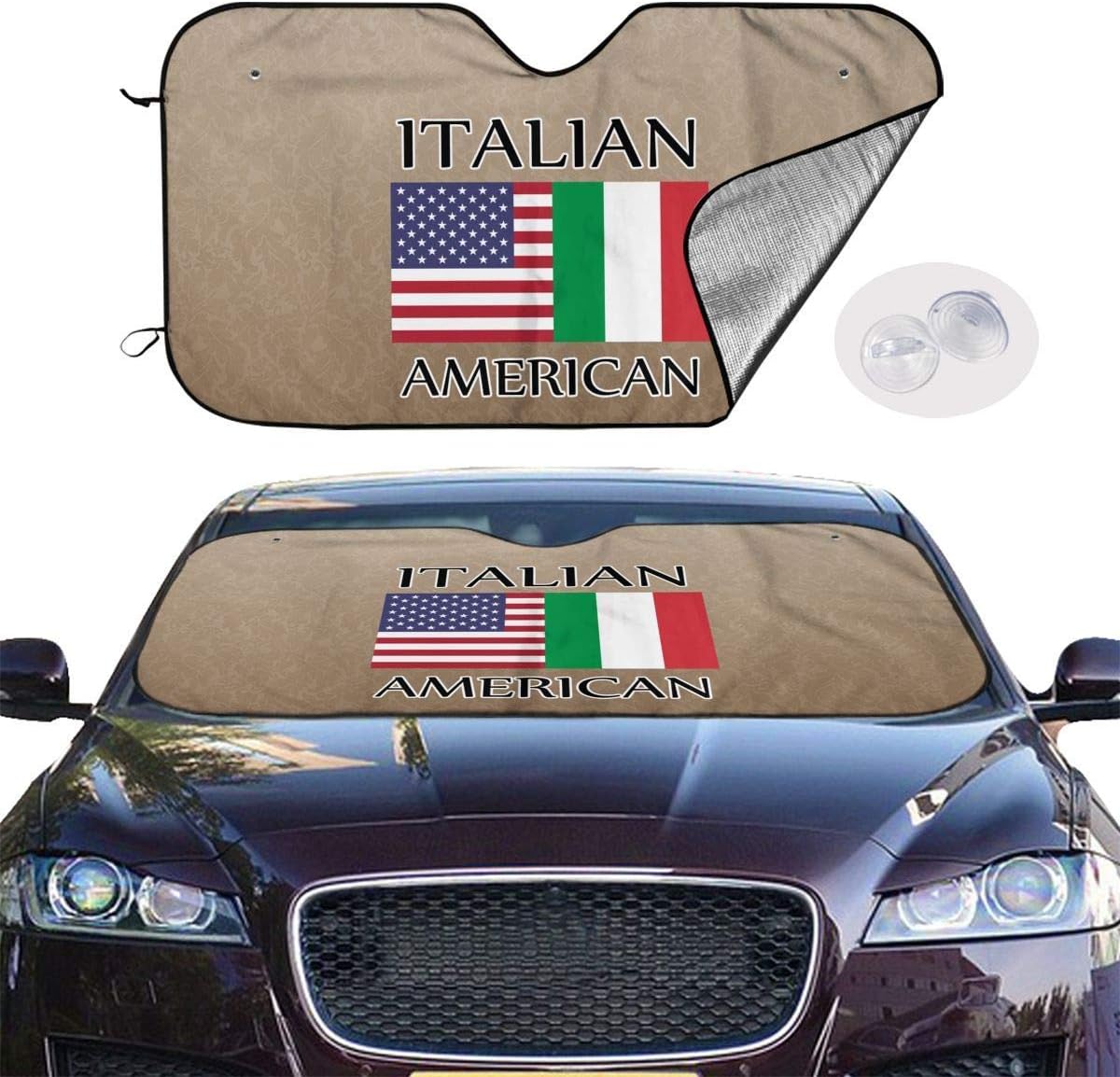 Amazon 車のフロントガラスのサンシェードイタリアのアメリカの旗折りたたみ式オートサンシェード カートラックブロックuv光線サンバイザープロテクターで車を涼しく保つ51x27 5インチ サンシェード 車 バイク