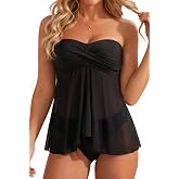 Tempt Me Strapless Bandeau Tankini Swimsuits Two Piece Flyaway Bathing Suit | Tummy Control, Removable Halter Strap, Flowy Mesh Flyaway Top, Mid Rise Bottom, Twisted bandeau Front