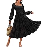 MEROKEETY Women's Fall Long Sleeve Floral Midi Dress Smocked Ruffle Tiered Square Neck Wedding Guest Dresses Pockets