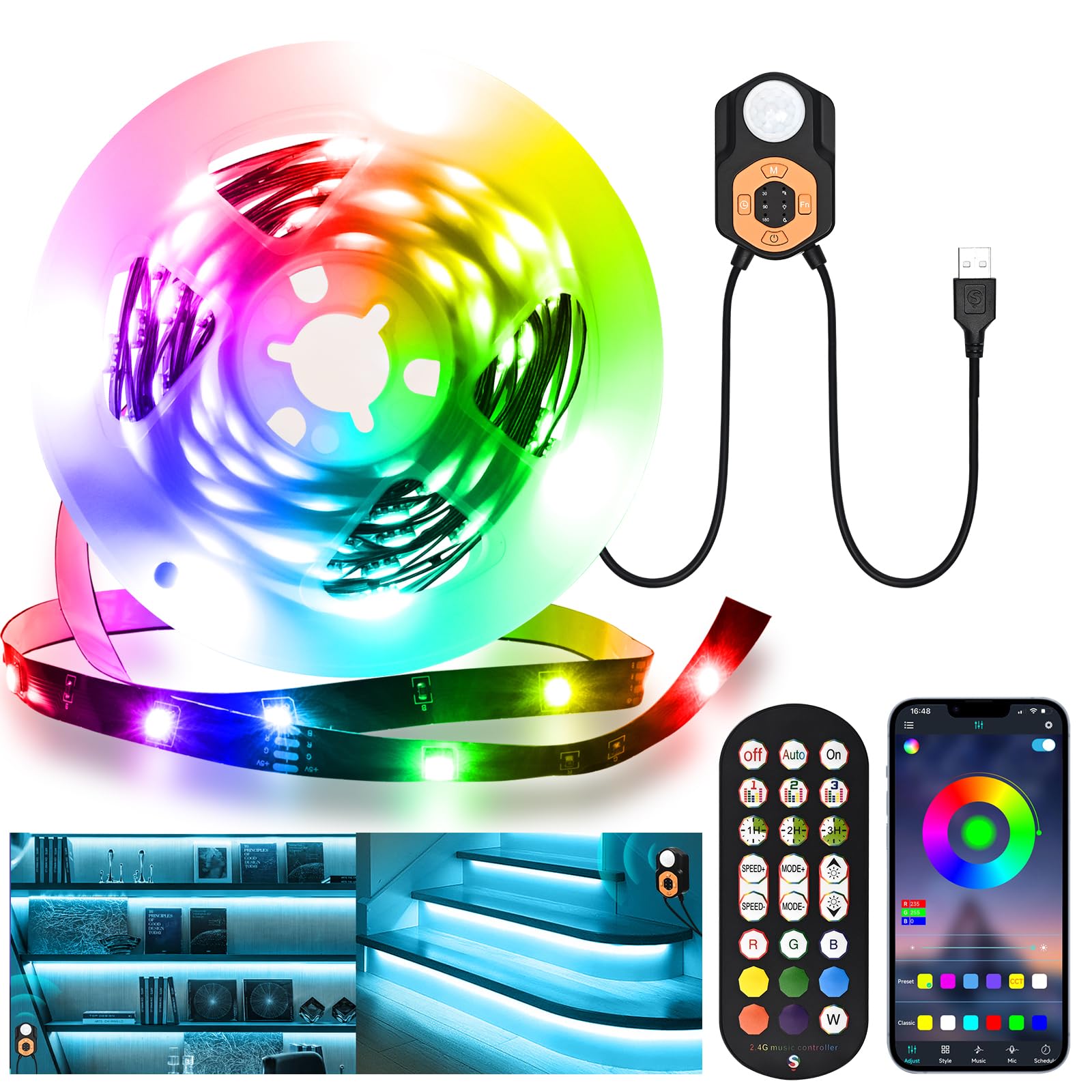 Motion Sensor Under Bed Light 9.84ft/3M, Motion Activated LED Strip Light | RF Remote | Bluetooth App | RGB Color Changing | USB 5V Dimmable TV Backlight for Bedroom, Gaming Room, Cabinet Decoration