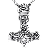 YONFQE Viking Thor's Hammer Necklace Sterling Silver Vintage Norse Mjolnir Pendant Amulet Jewelry Gifts for Women Men