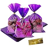 KUNYYI Purple Cellophane Treat Bags - 100Pcs Cello Bags Resealable 6x9 Inch Candy Favor Bags for Parties, Holidays, Snacks Goodie Gifts Party