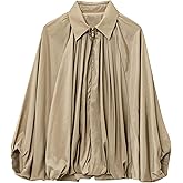 Hvewarm Womens Casual Puffed Bomber Jackets Lightweight Pleats Bubble Sleeves Lapel Collar Zipper Shirts Streetwear