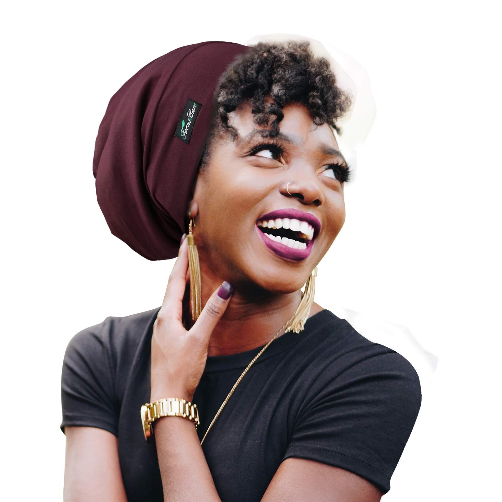 FocusCare Adjustable Sleep Cap, Satin Lined Extra Large Women Curly Hair Day & Night Available, Dark Burgundy, One Size
