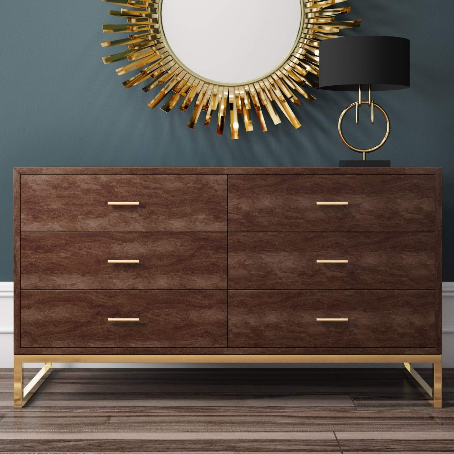 Bedroom Furniture AUBREY Walnut 2 Drawer Dressing Table with Gold Legs