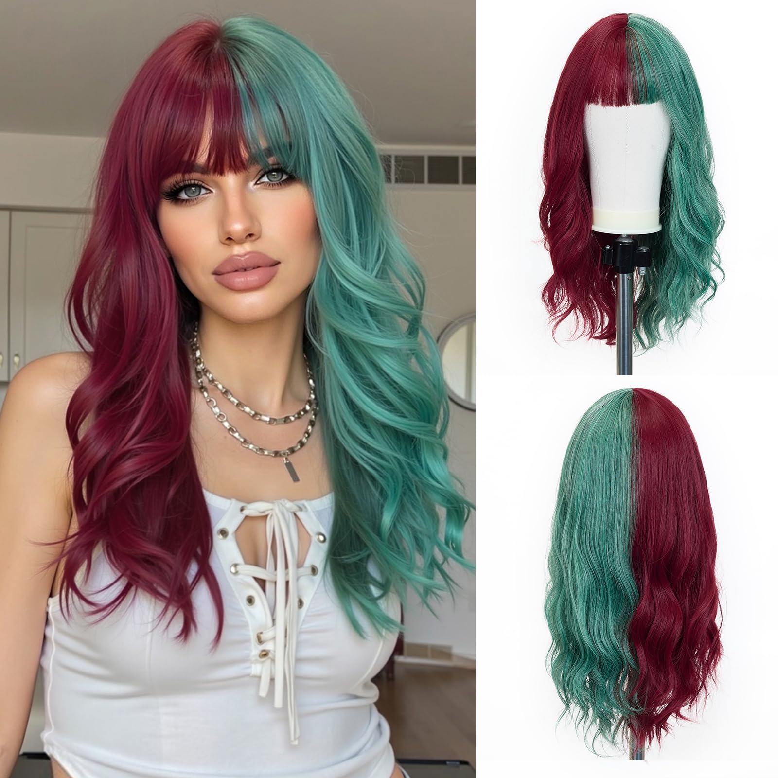 Esmee 22 Inches Women Synthetic Wigs Long Wavy Red/Green with Fluffy Air Bangs Light Cosplay Halloween Party Wigs