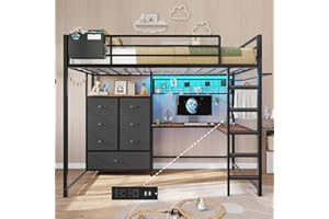 DICTAC Twin Loft Bed with L-Shaped Desk and 7 Storage Drawers,Metal Twin Size Loft Bed for Kids with LED Lights and Charging Station,13.11" H Safety Guardrail and Ladder,No Box Spring Needed, Black