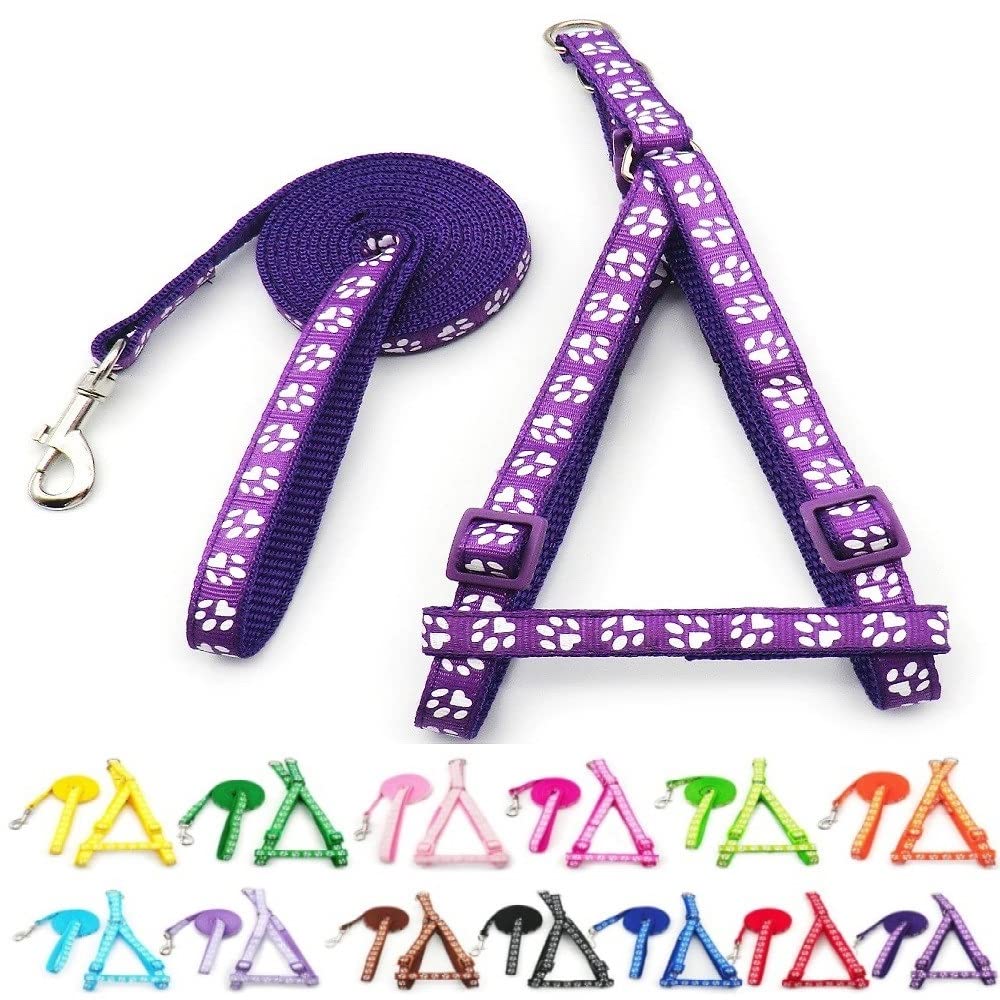Small Dog Puppy Pet Cat Kitten Harness and Lead Set Pawprint Design Nylon Adjustable Chest Size 21-34cm and 120cm Leash Purple