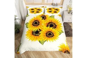 Homewish Sunflowers Bedding Set 3pcs Yellow Flowers Comforter Cover Yellow Sunflowers Printed Design Duvet Cover Set Botanical Bedspread Cover with 2 Pillow Cases(No Comforter) Queen Size