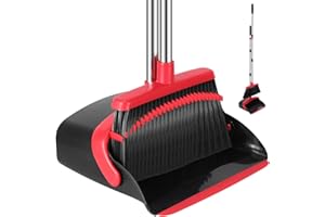 NACENA Broom and Dustpan Set, 52-in Long Adjustable Handle Broom Dustpan Combo with Dustpan Teeth to Automatically Clean Hair Suitable for Home Kitchen Office Hall Floor（Black&Red）