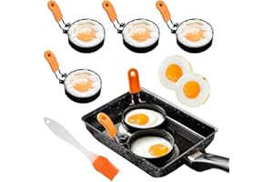 Egg Ring Poacher Cooker Holder Cups Mold Rings with Silicone Brush & Handle Anti-Scald for Frying Eggs, 4 Pack Round