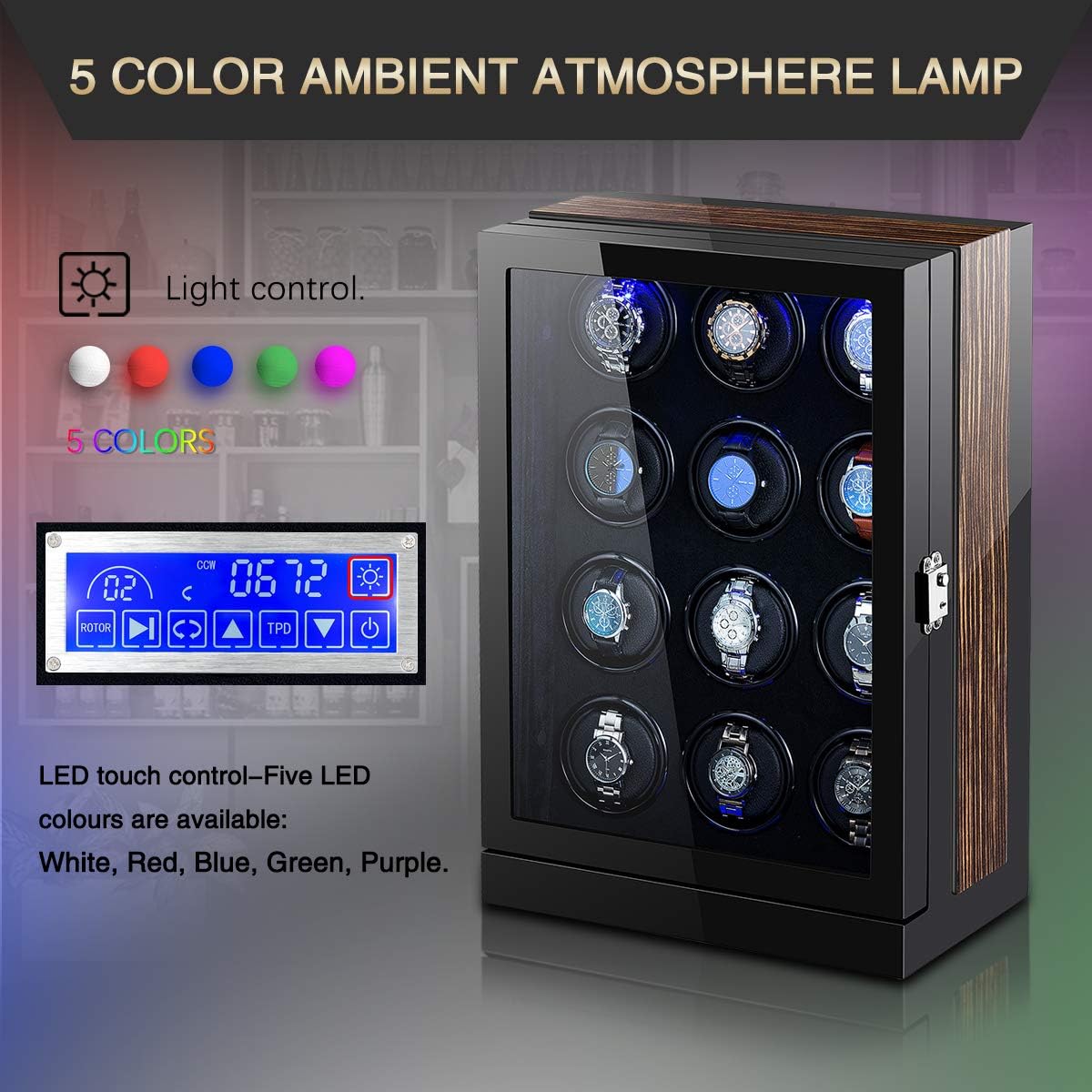 Teeming Wooden Automatic Watch Winder Storage Box With Lcd Touch Screen For 12 Watches
