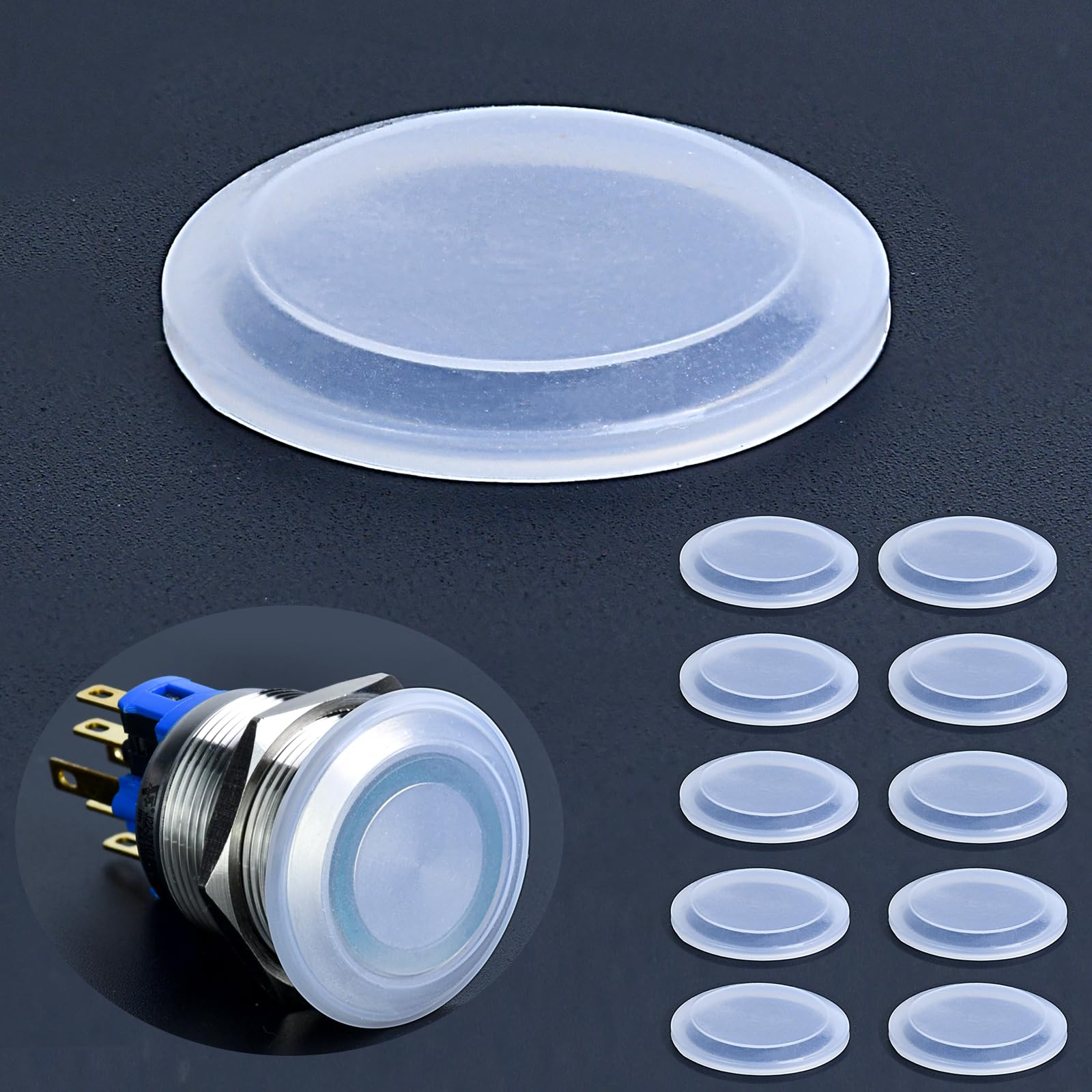 Photo 1 of 10Pcs Metal Push Button Switch Cover Soft Silicone 22mm 7/8inch Mounting Hole Cover Button Protector Cover Waterproof for Ultra Thin Button Height 1-3mm