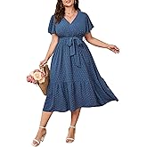 SCOMCHIC Womens Plus Size Wedding Guest Dresses Summer Wrap V Neck Short Sleeve Belted Ruffle Hem A-Line Flowy Maxi Dress