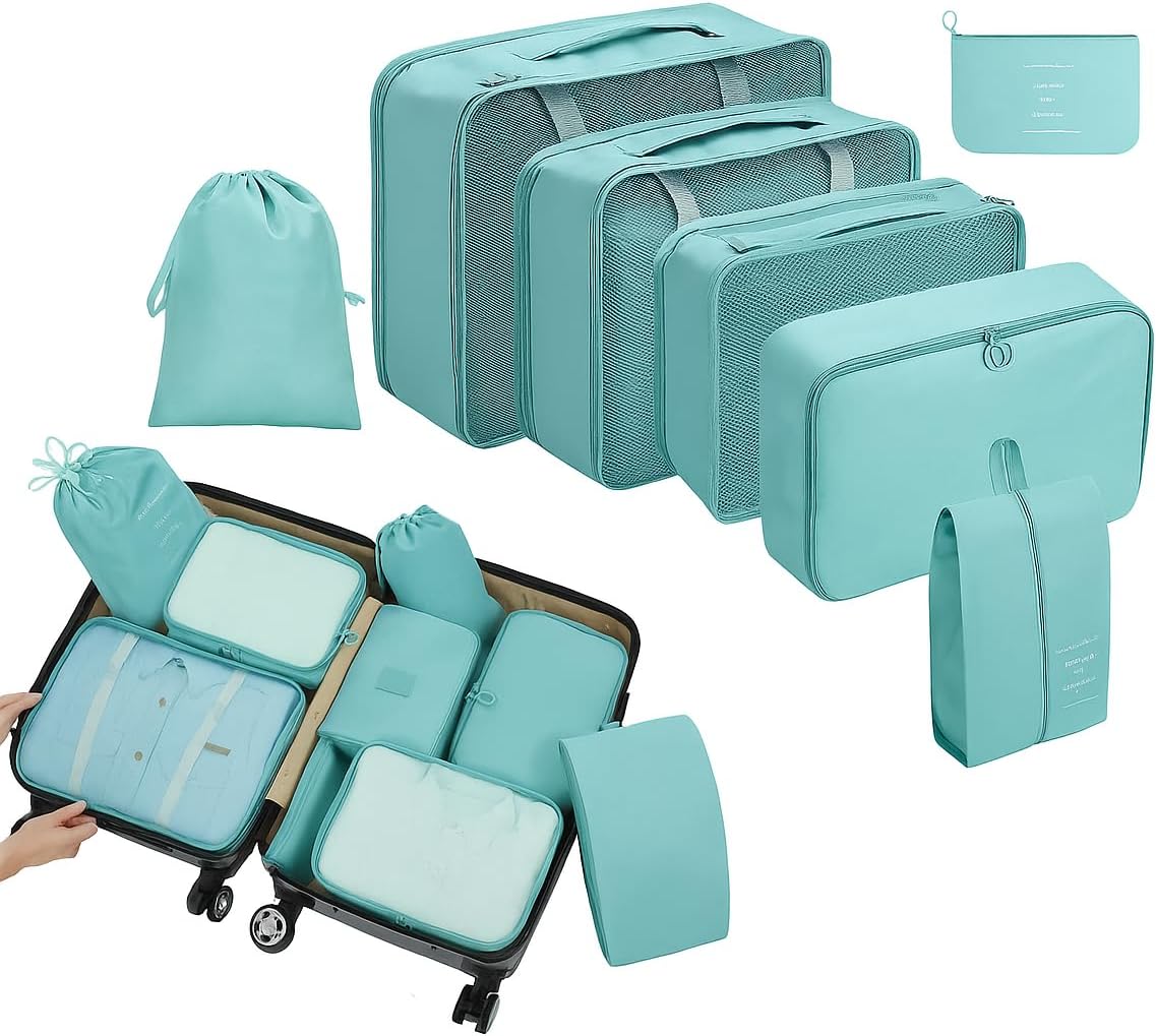Organizador Viagem Kit 7 Peças - Necessaire para Bagagem Malas Roupas Bolsa Cosméticos Higiene - Dobrável Impermeável Multiuso Feminina Masculina Unissex Grande Compacto Prático (AZUL CLARO)