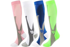 Kickticks 4 Pairs Compression Socks for Woman & Man Unisex 20-30mmHg Knee high Plus Size Wide Calves for Flying Running…