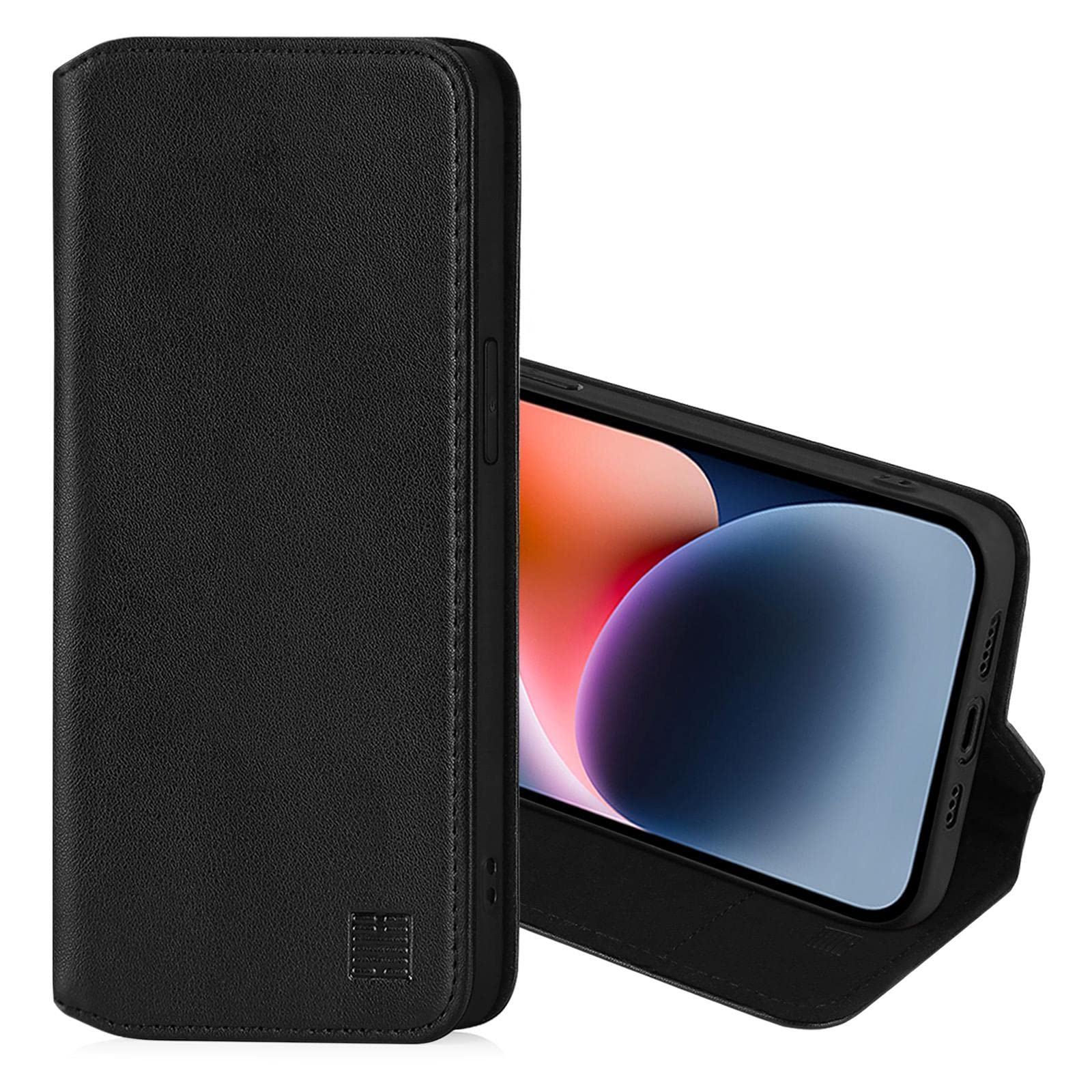 32nd Classic Series 2.0 - Real Leather Book Wallet Flip Case Cover For Apple iPhone 13 (6.1"), Real Leather Design With Card Slot, Magnetic Closure and Built In Stand - Black