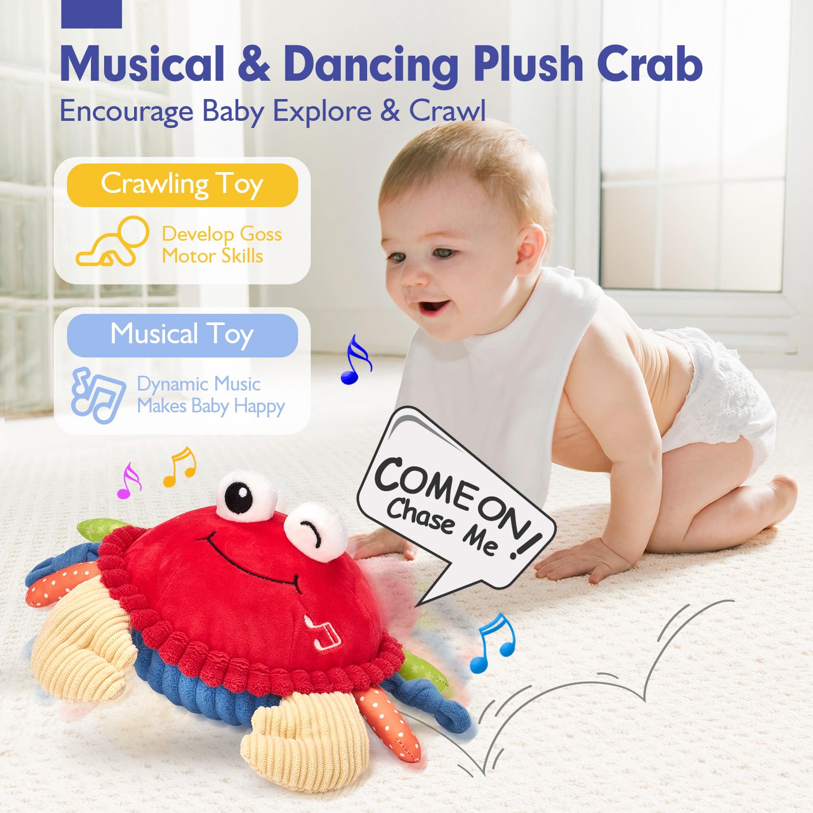 hahaland Baby Toys 12-18 Months - Crawling Musical Dancing Walking Moving Bouncing Learning Crab Tummy Time Toy Sensory Toddler Travel Toys for 1-3 Year Old Christmas Birthday Gifts Stocking Stuffers