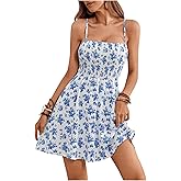 Floerns Women's Boho Floral Print Sleeveless Sundress Ruched Bust Flare Hem Vacation Cami Short Dress