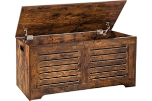 DINZI LVJ Storage Chest, 43.3” Wooden Toy Box with 2 Safety Hinges, Retro Entryway Shoe Storage Bench with Flip-Top, Sturdy Large Storage Trunk for Living Room, Bedroom, Easy Assembly, Rustic Brown