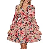 CUPSHE Women Floral Ruffle Summer Dress Surplice V Neck Long Peasant Sleeve Elastic Waist Flowy Casual Holiday Mini Dress