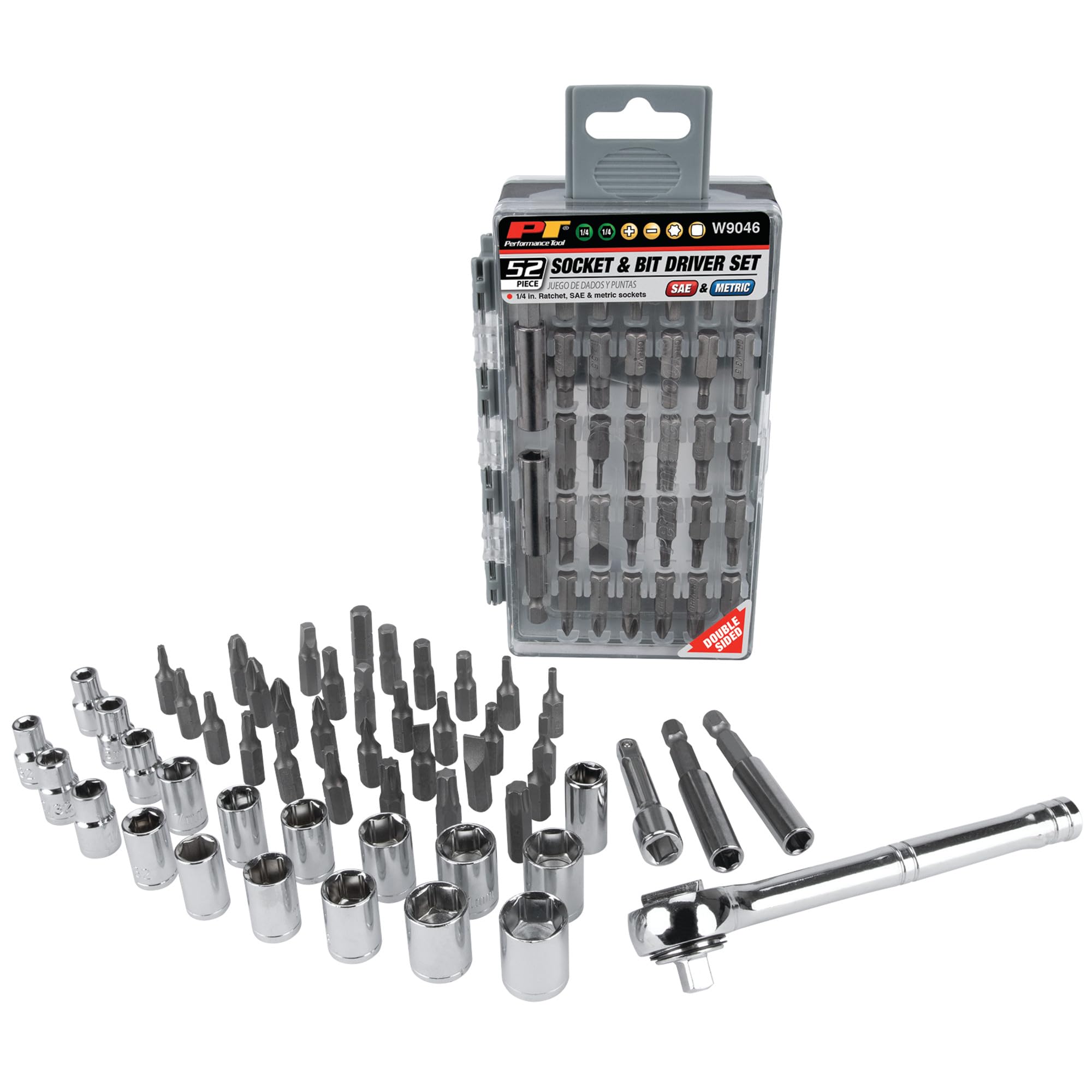 Performance Tool W9046 Socket and Bit Driver Set | 1/4 inche Drive Socket Set | Magnetic Bit Holder | Clear Flip Case for Easy Storage | Chrome Vanadium | 52pc