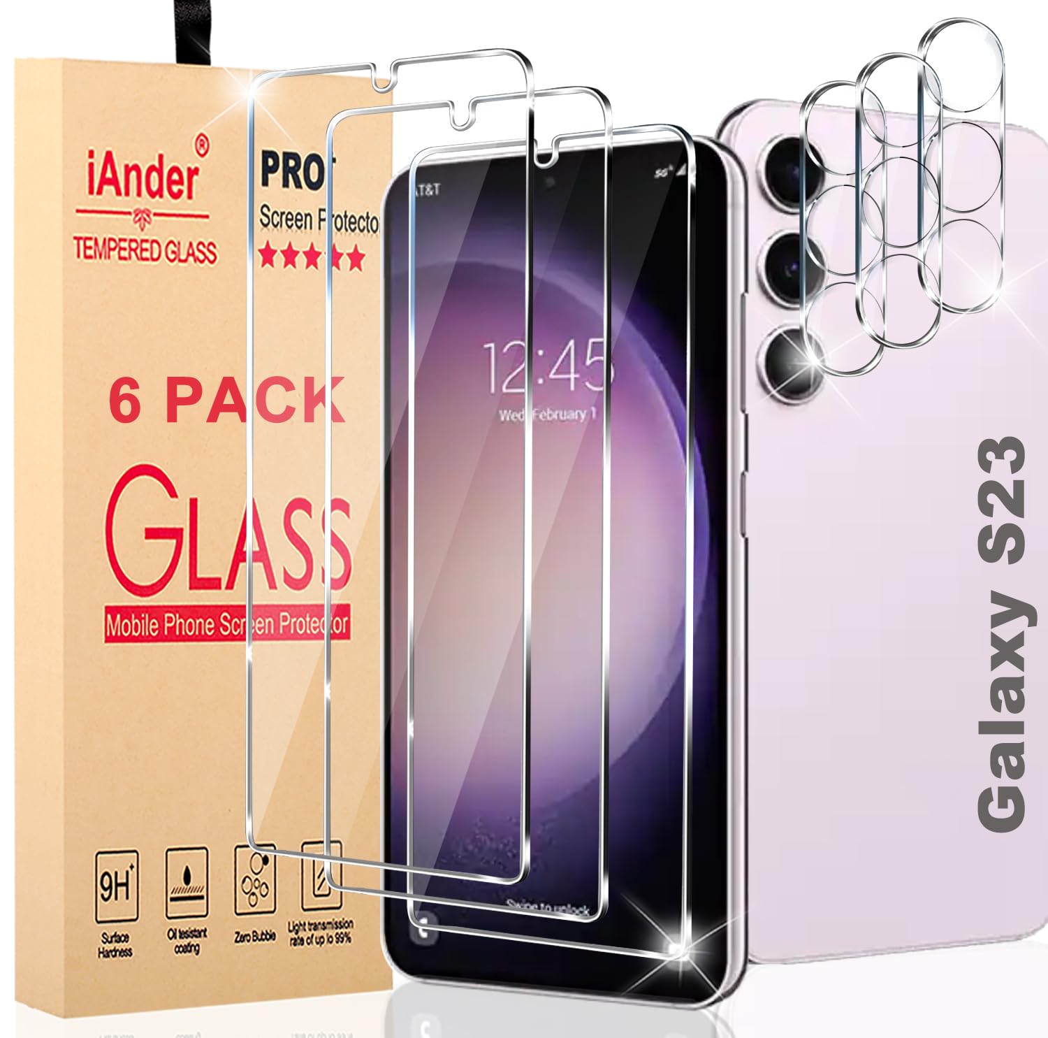 iAnder 3 Pack Glass Screen Protector for Galaxy S23, 3 Pack Camera Lens Protector with Easy Installation Tray, Supports Fingerprint Sensor, HD Retina Clarity, Case Friendly