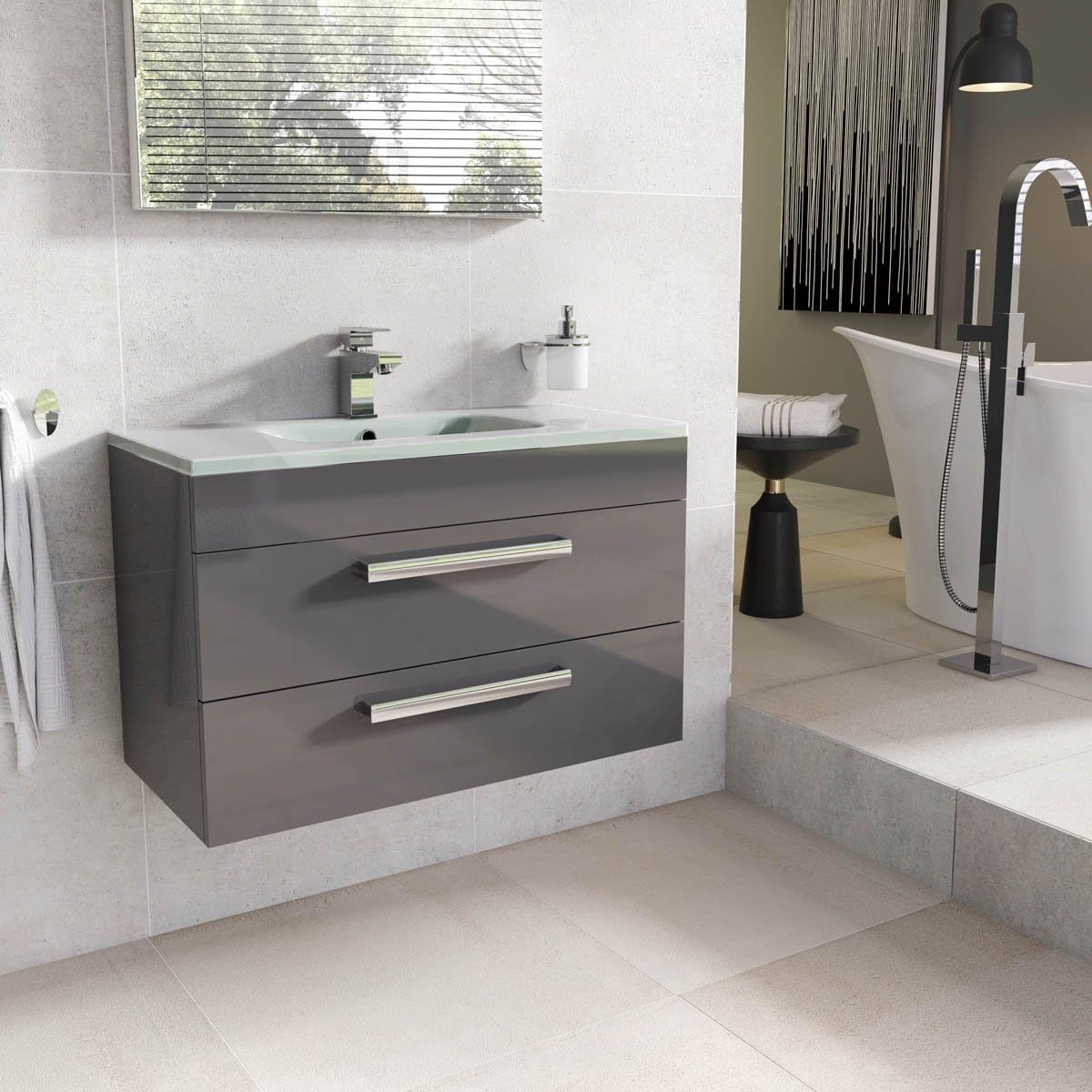 The Bath People Newton Anthracite Vanity Unit - Bathroom Cabinets - WH 800mm Vanity Unit - Glass Basin