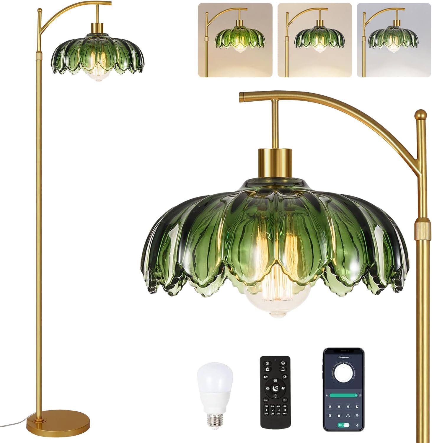 Photo 1 of Gold Floor Lamps for Living Room,Glass Floor Lamp with Remote Control & Green Lampshade,Arc Flower Floor Lamp Dimmable Mid Century Modern Standing Lamp Vintage Brass Tall Lamp For Bedroom Corner